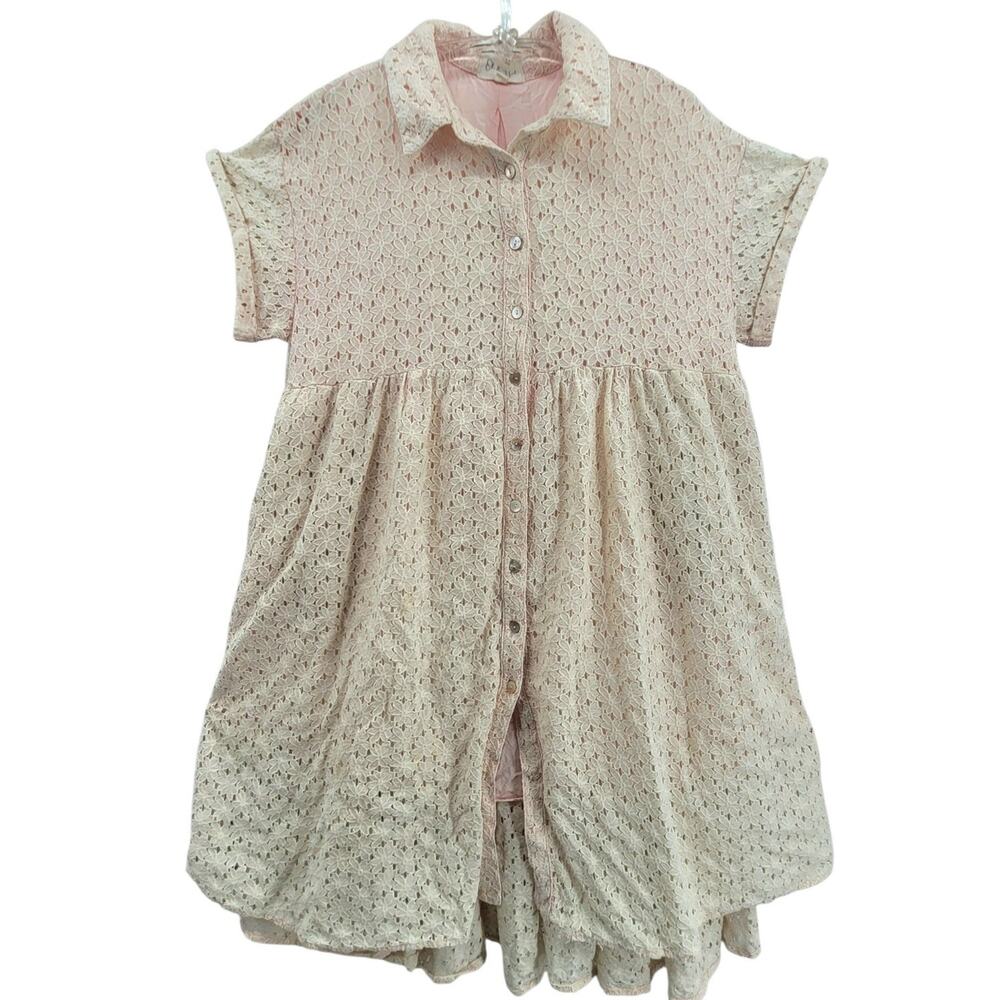 Oli & Hali Blush Pink Lace Tunic Dress Button Down Boho Babydoll Cottagecore